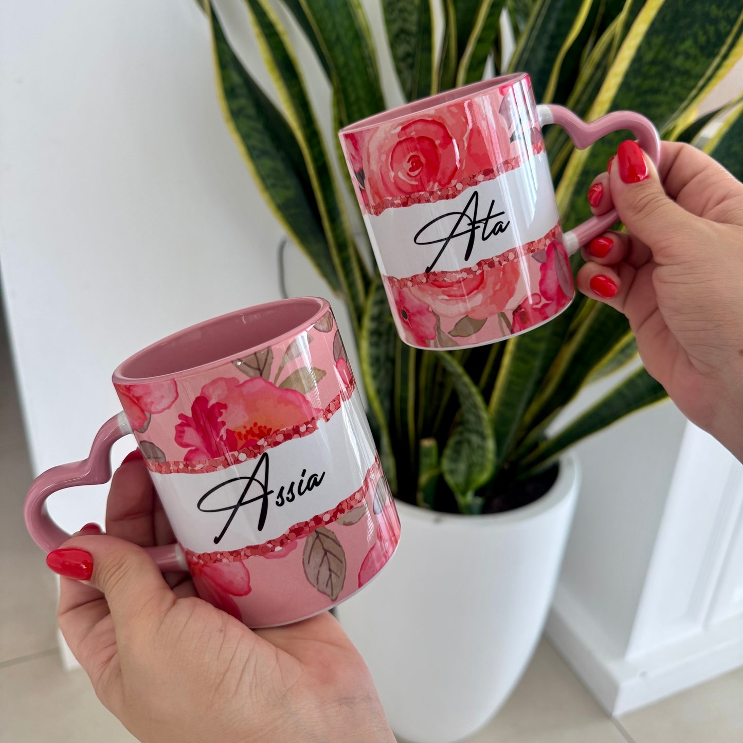 Custom Name Floral Printed Heart Handle Mug