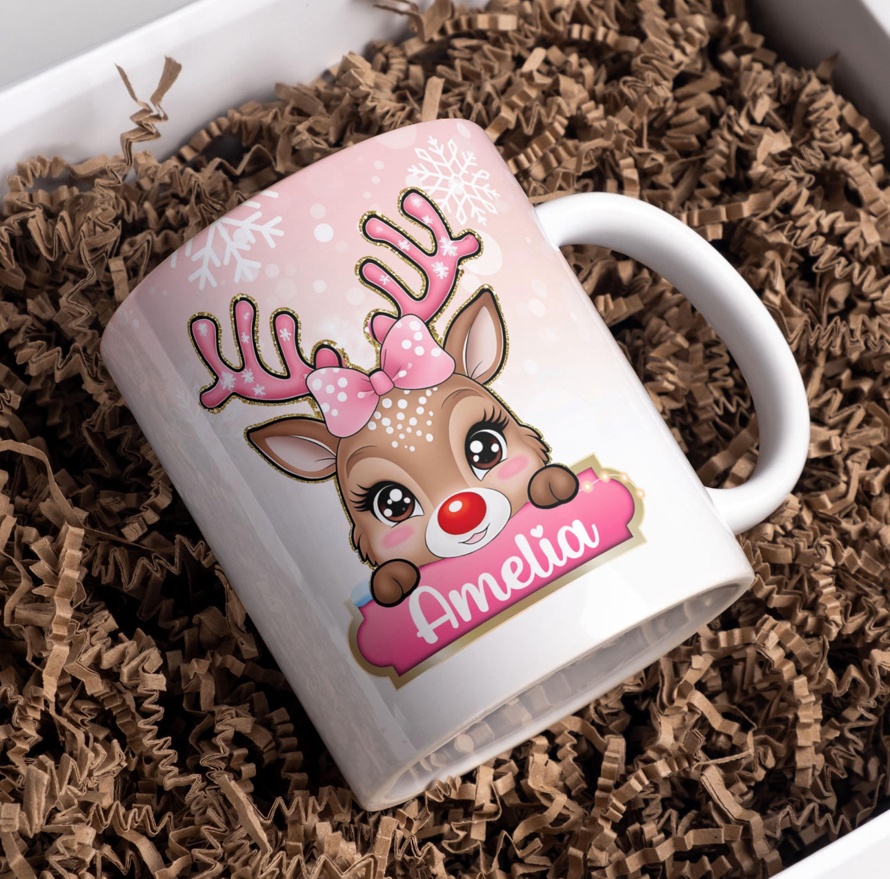 Personalized Christmas Reindeer Mug - Pink/ Blue