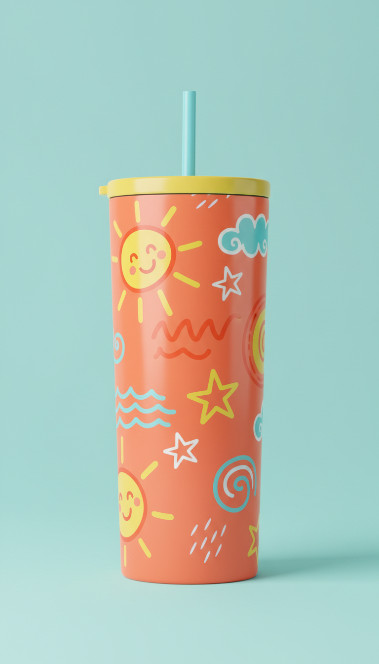 Coral Pop tumbler with hand-drawn graphics