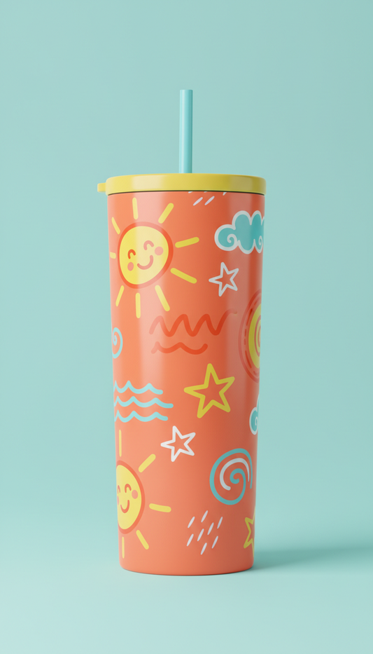 Coral Pop tumbler with hand-drawn graphics