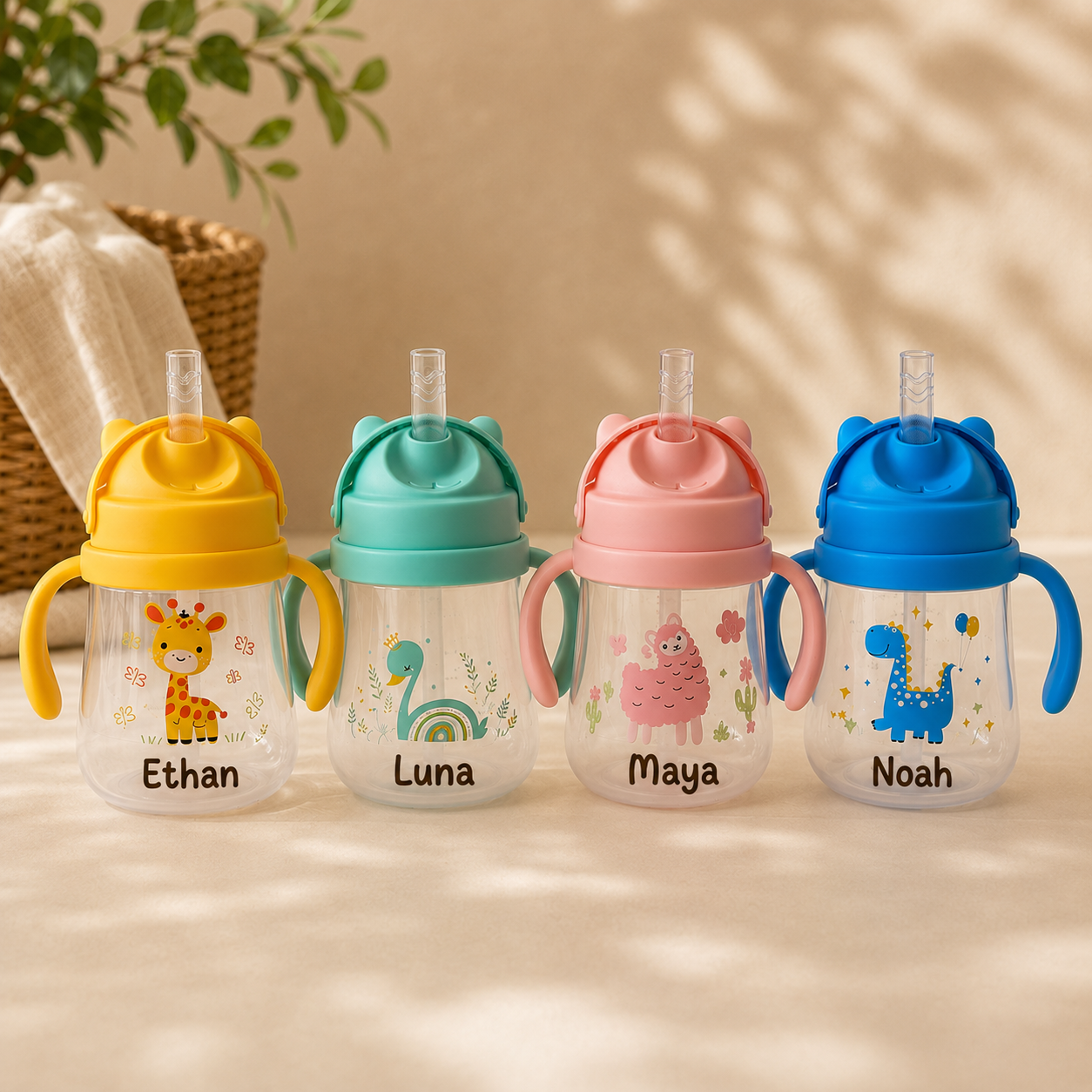 Leakproof Personalized Kids Straw Cup with Handles – Blue Dinosaur