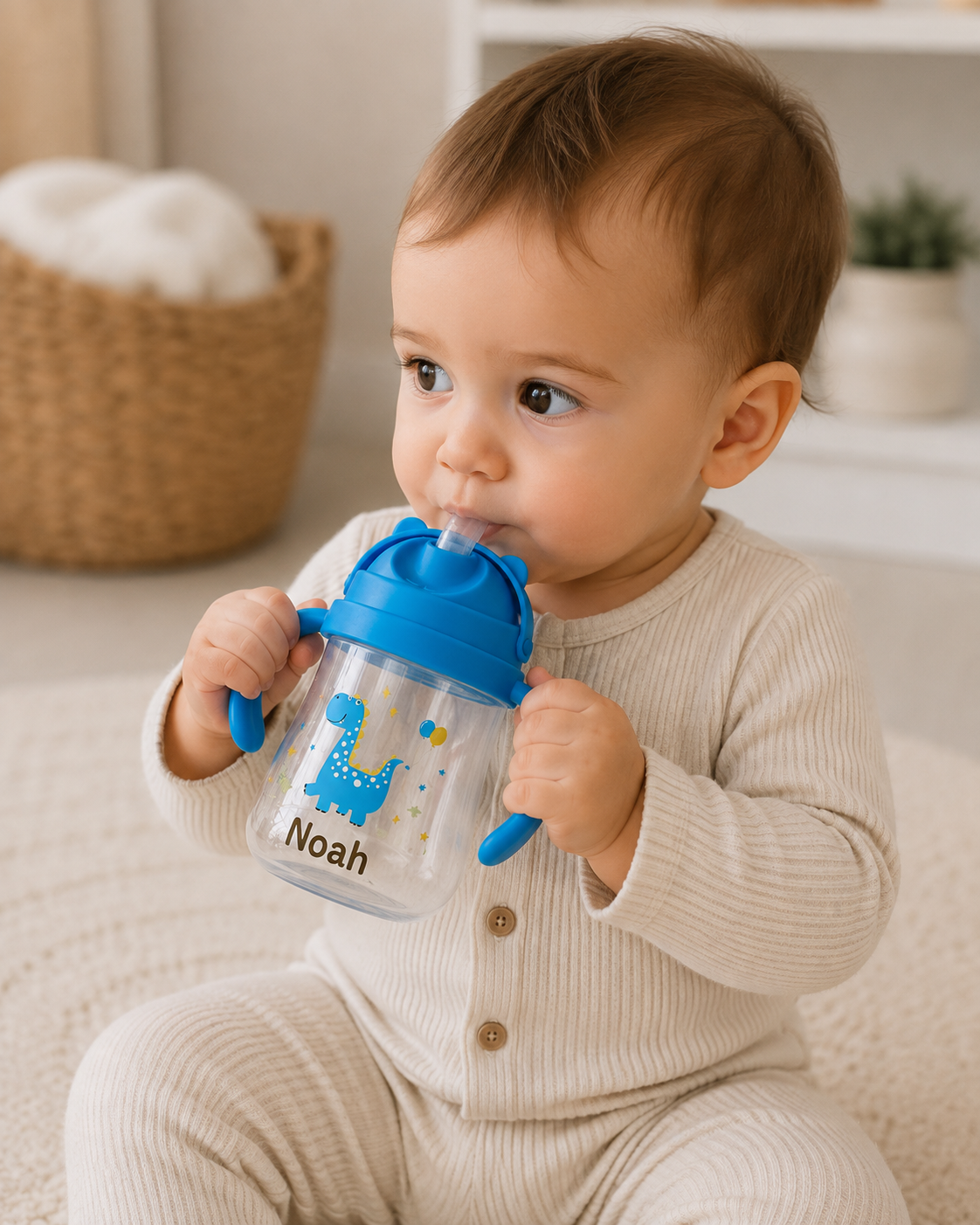 Leakproof Personalized Kids Straw Cup with Handles – Yellow Giraffe