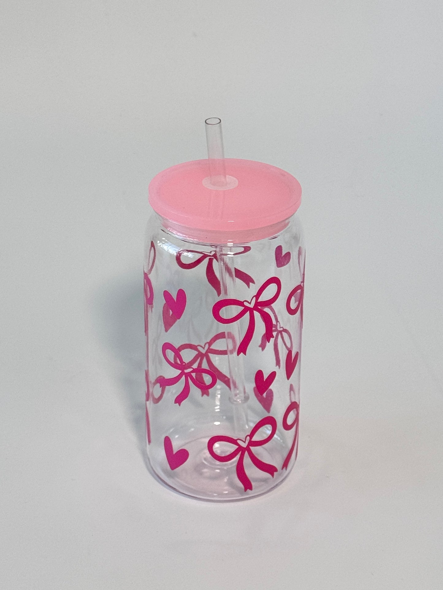 Heart & Bows Clear Plastic Cup with Lid + Straw