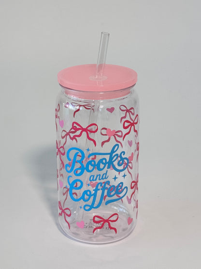 Books & Coffee Clear Plastic Cup with Lid + Straw