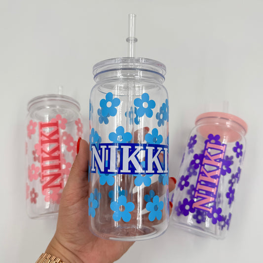 Personalized Blue Floral Name Cup – 16 oz