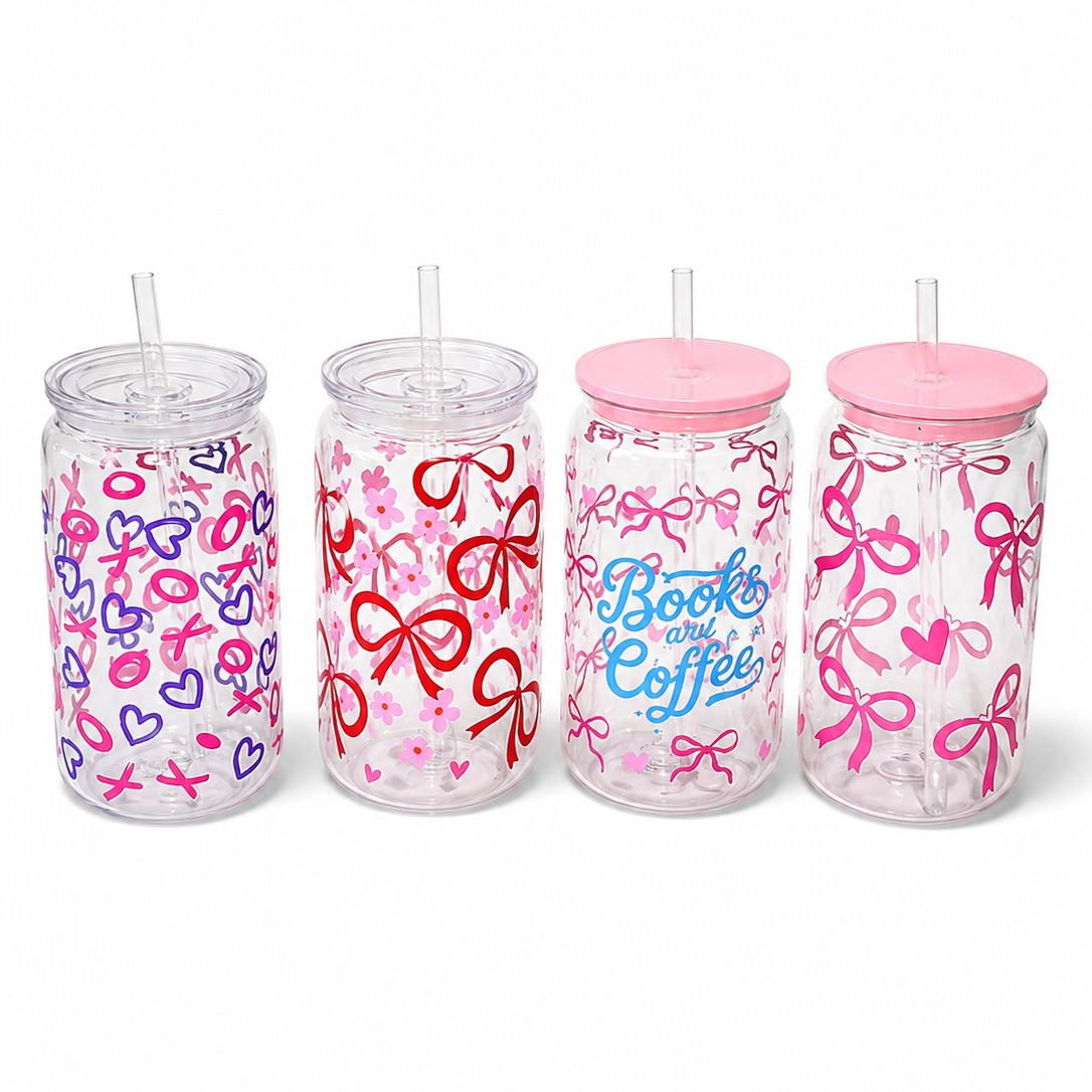 Books & Coffee Clear Plastic Cup with Lid + Straw