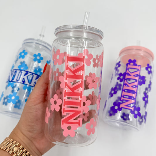 Personalized Pink Floral Name Cup – 16 oz