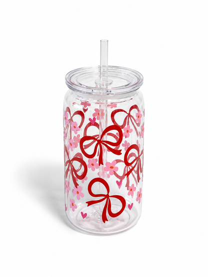 Clear Bows & Flowers Plastic Cup with Lid + Straw