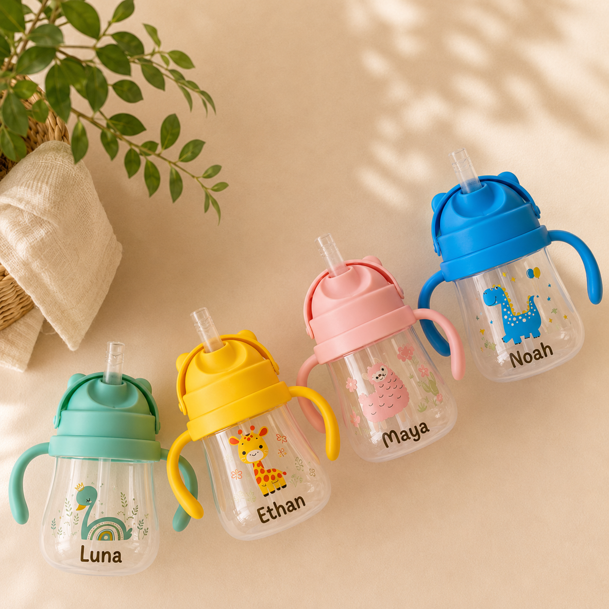 Leakproof Personalized Kids Straw Cup with Handles – Yellow Giraffe