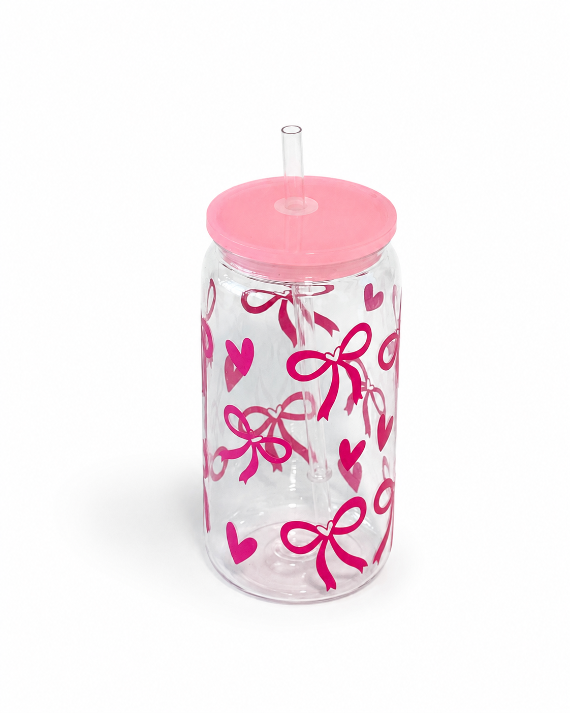 Heart & Bows Clear Plastic Cup with Lid + Straw